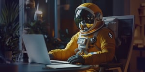 An astronaut in an orange spacesuit is sitting at a table using a laptop.